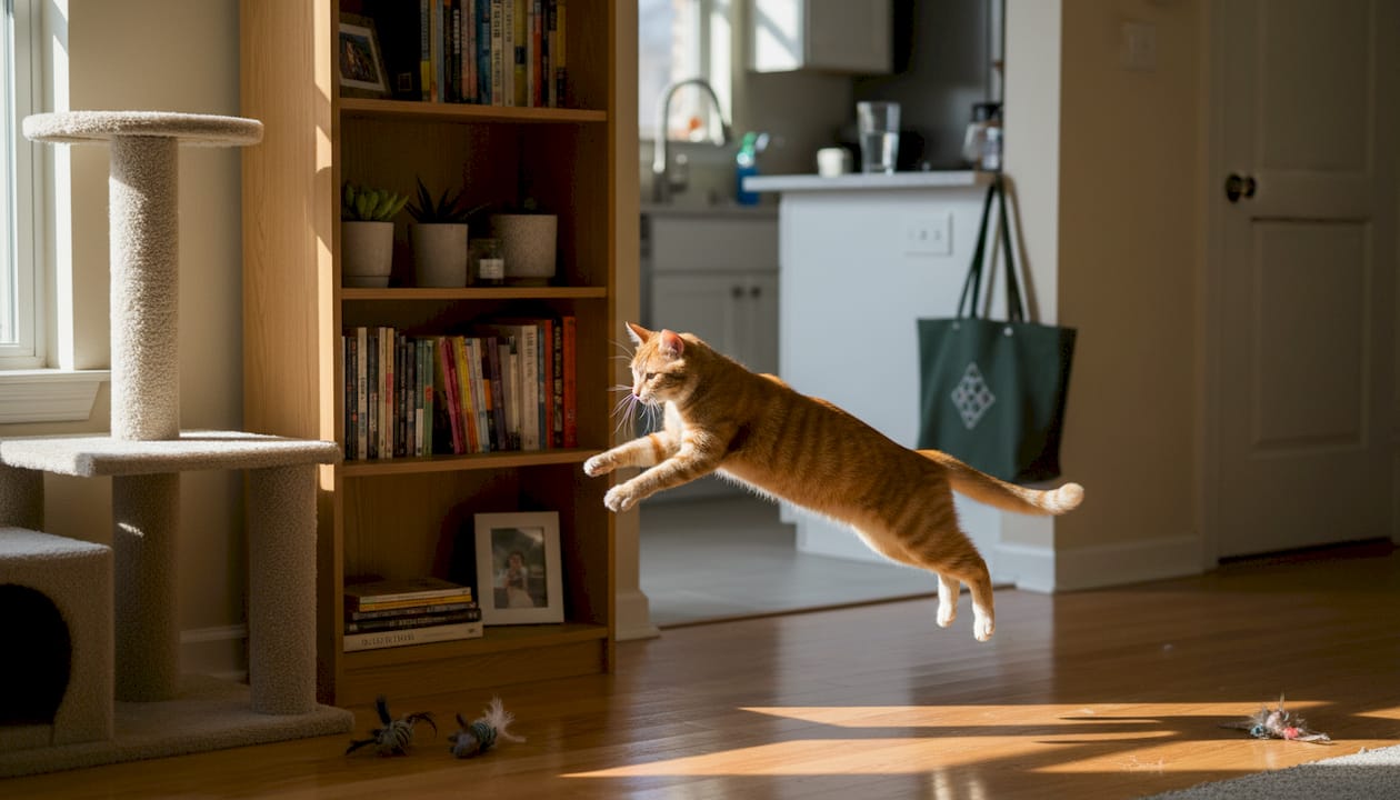 Cat climbing perch in lived-in apartment