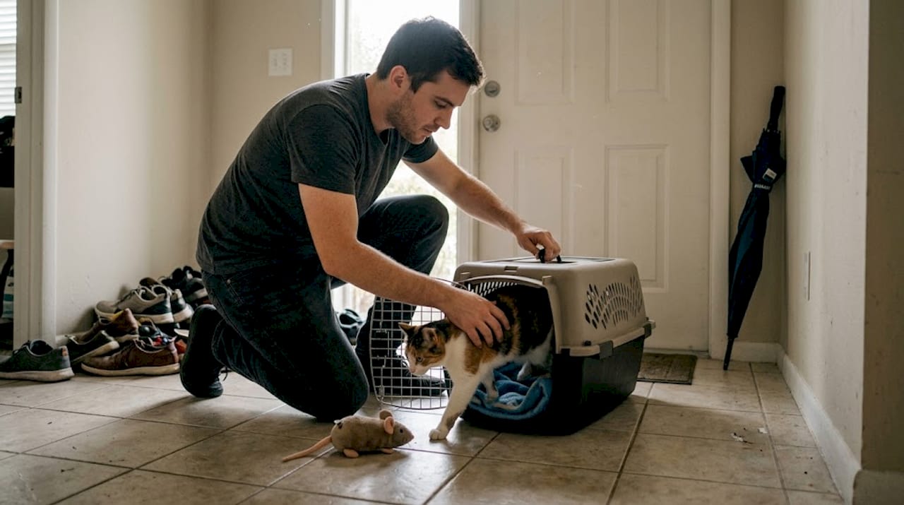 Man placing cat in carrier for tour