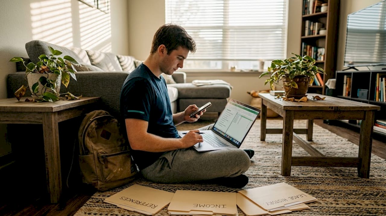 Student organizing apartment application documents