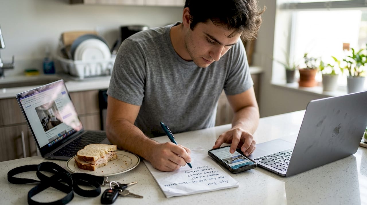 Young man using phone for apartment tour preparation