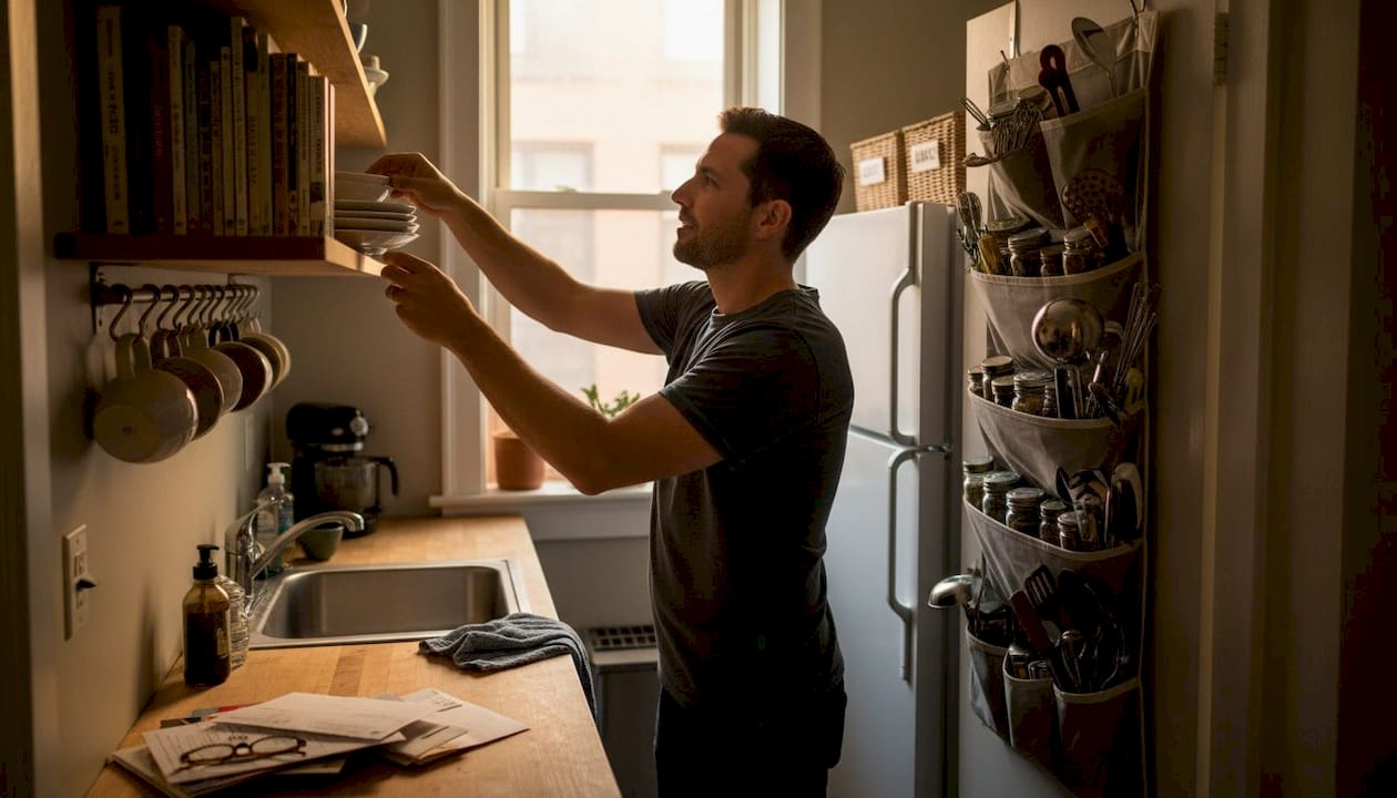 Man using vertical kitchen storage solutions