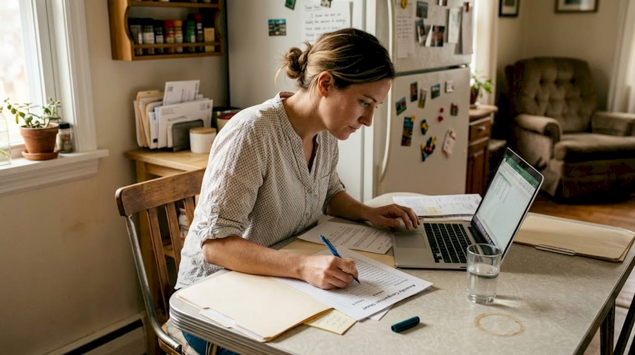 Woman updating apartment amenity comparison sheet