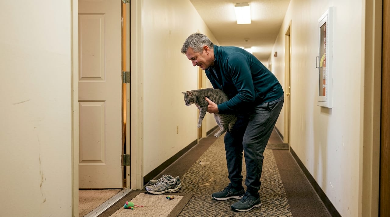 Owner retrieving cat from apartment hallway