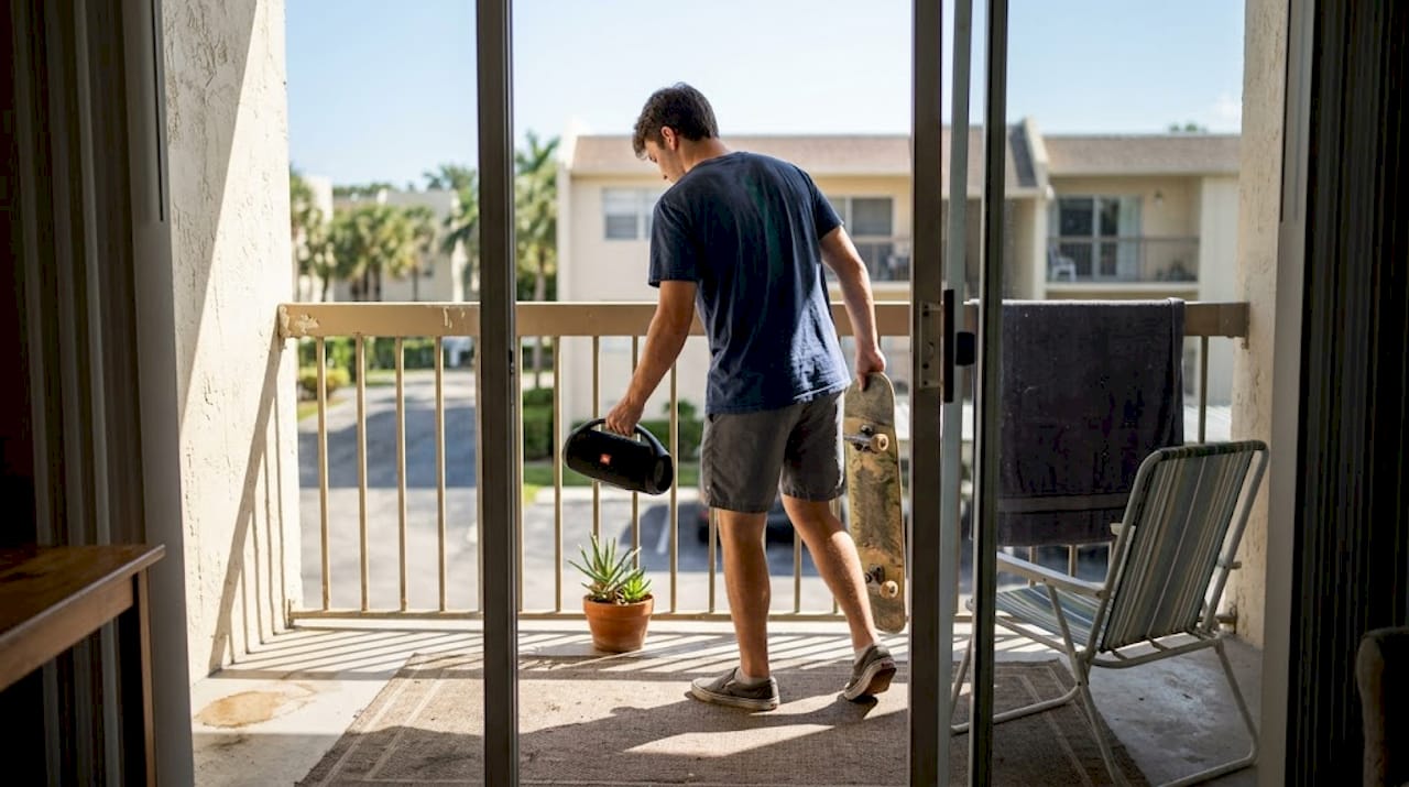 Student securing valuables on apartment balcony