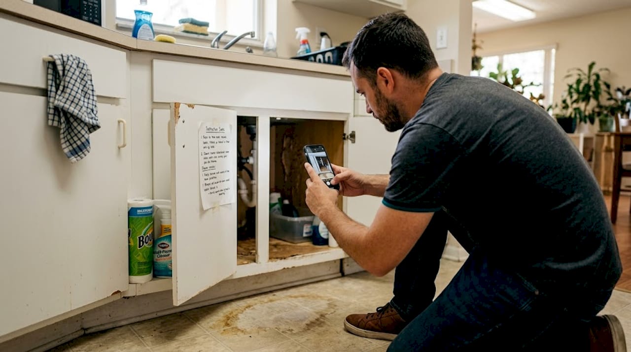 Person photographing cabinet water damage