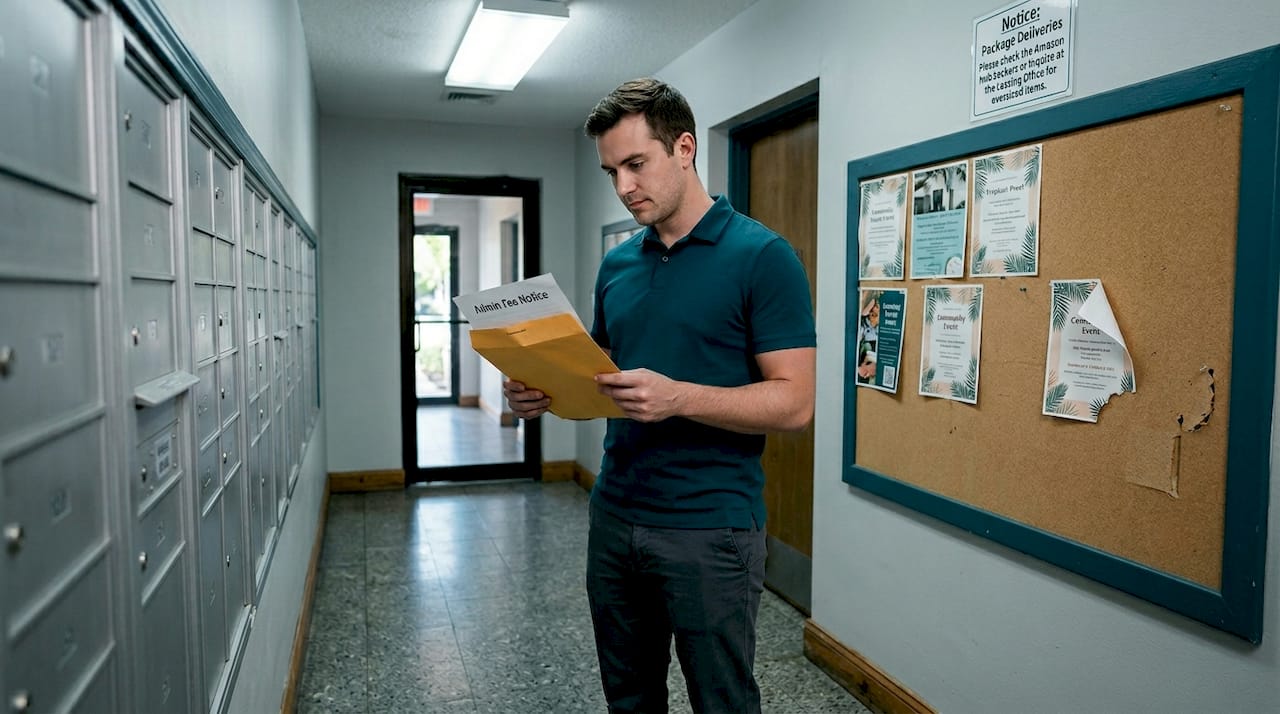 Tenant reading fee notice in apartment mailroom