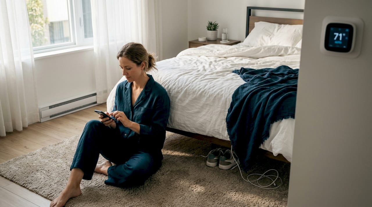 Woman controlling apartment smart thermostat by app