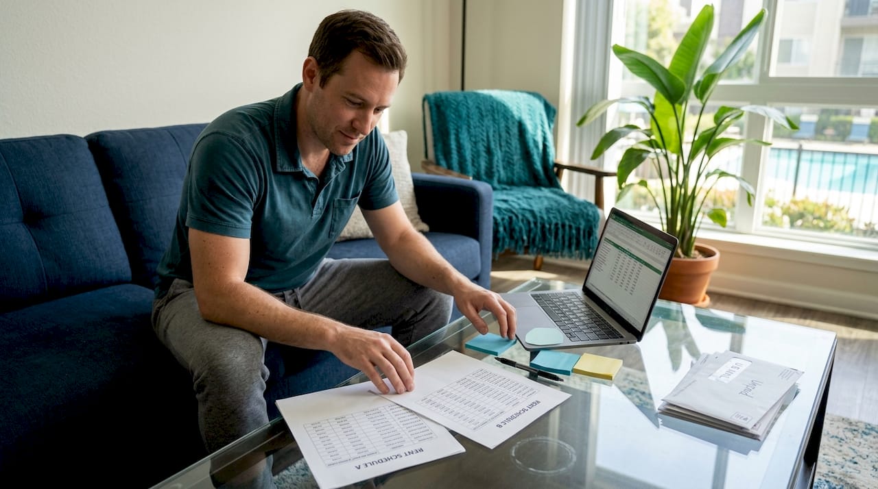 Man comparing two rent schedules