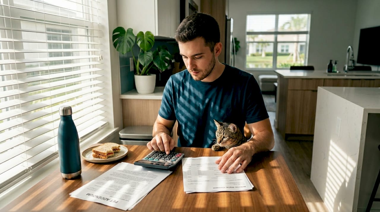 Man with cat budgeting rental and pet fees