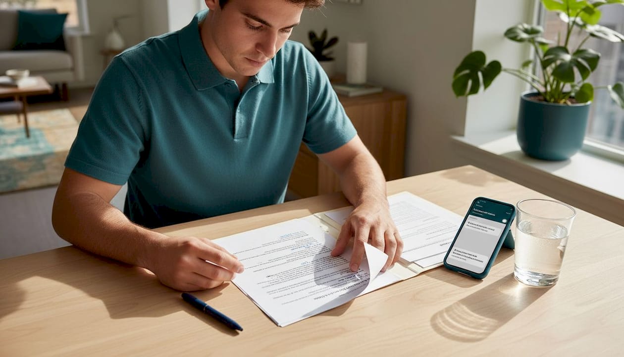 Person reviewing apartment lease at table