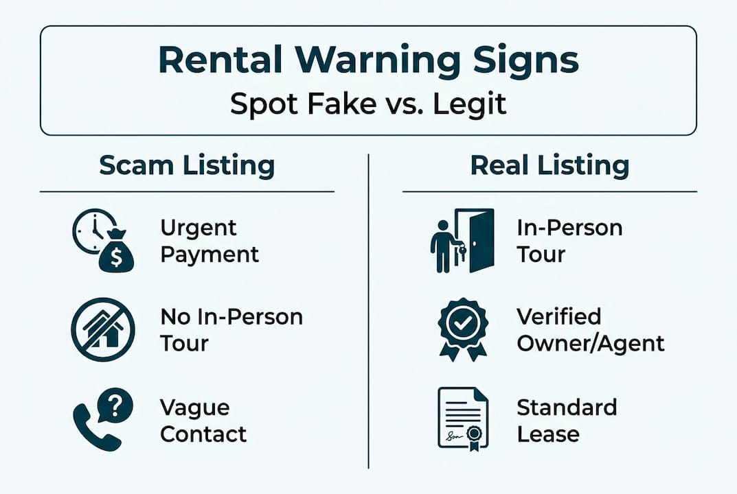 Comparison of scam and real rental warning signs