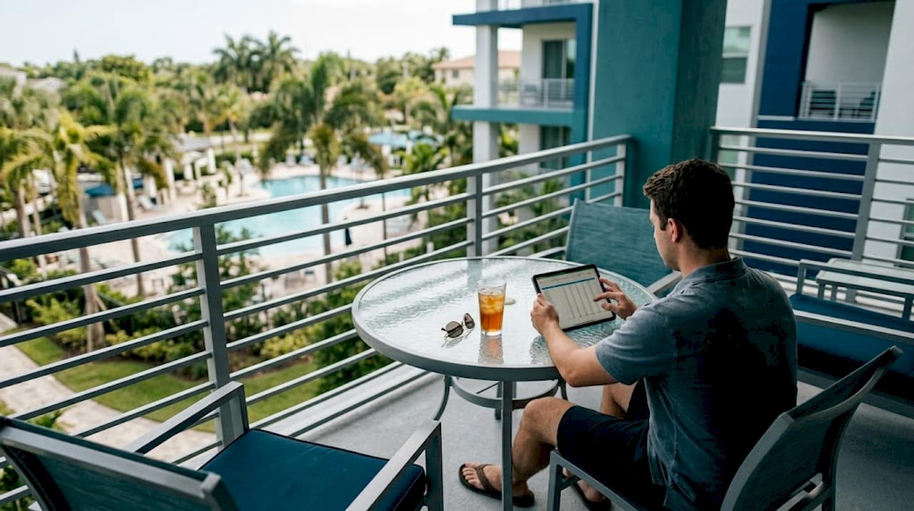 Person uses tablet for apartment cost comparison