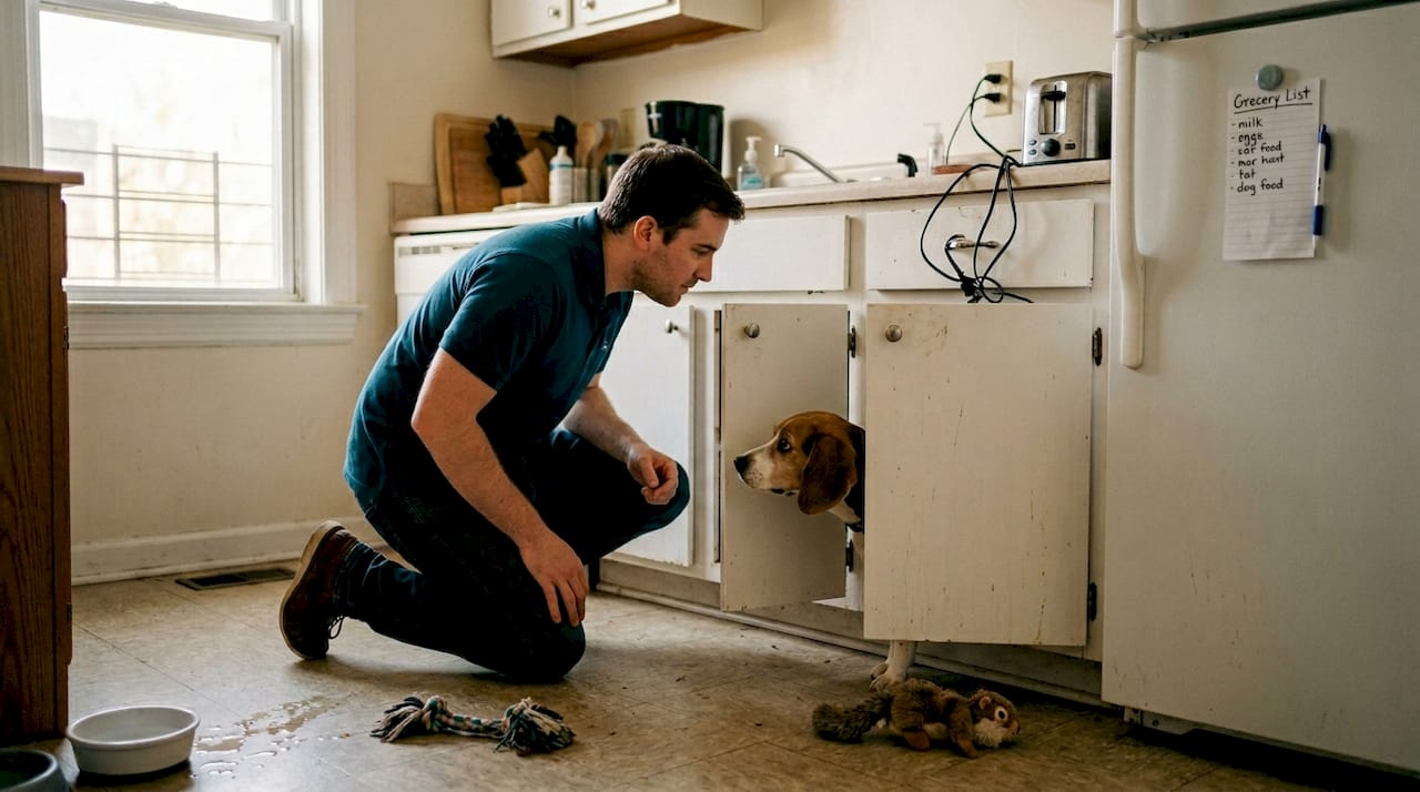 Pet owner inspecting apartment for animal safety