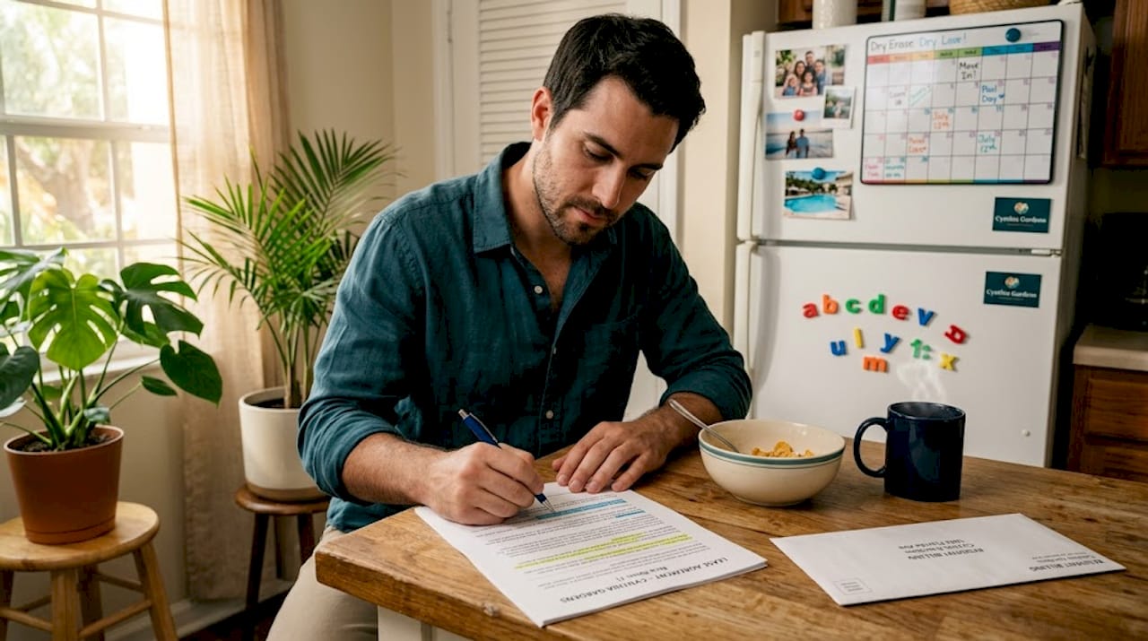 Man reviewing printed lease at kitchen counter