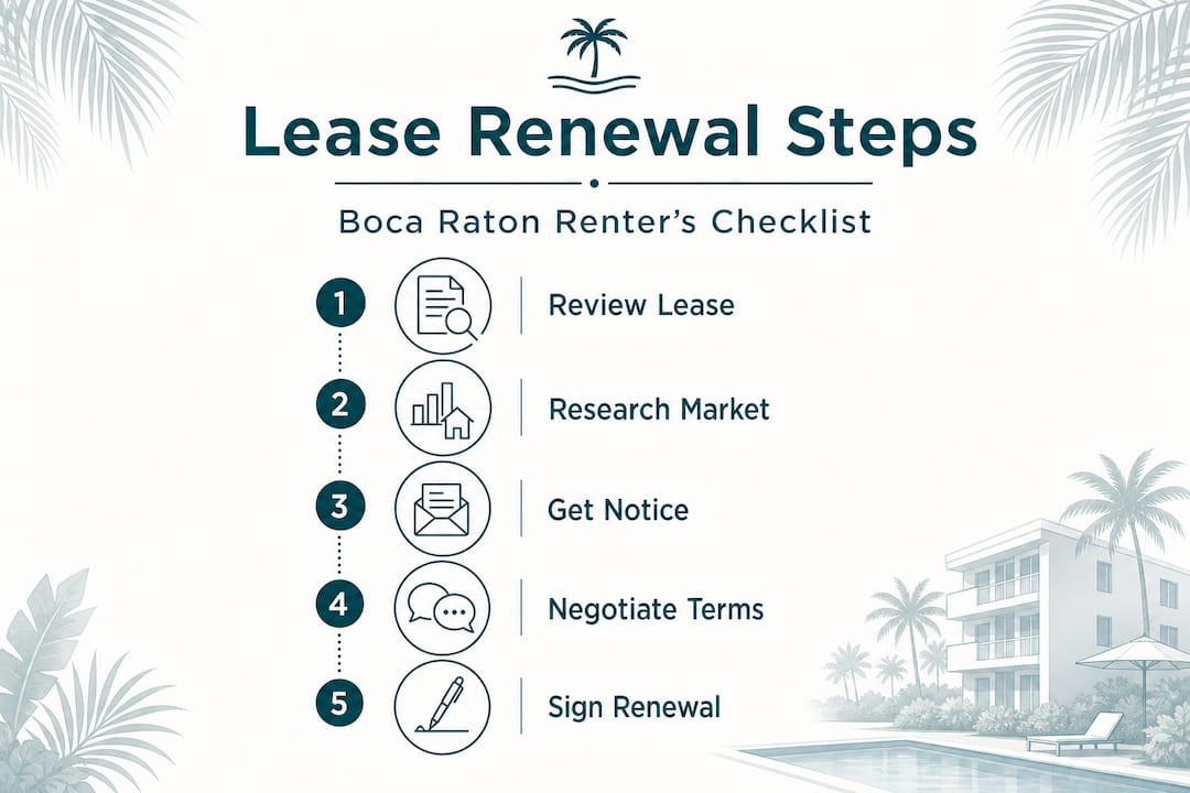 Infographic showing Boca Raton lease renewal checklist steps