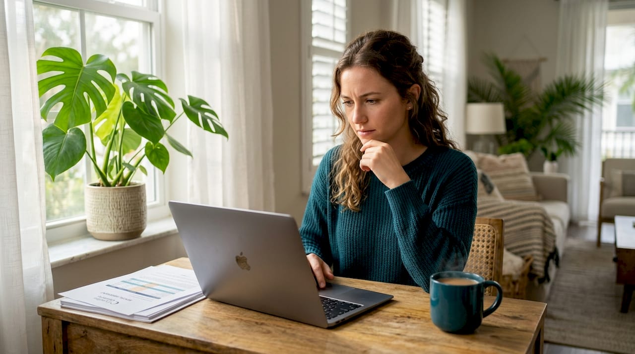 Woman reviewing rent budget on laptop