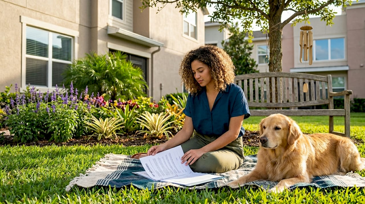 Renter reviewing pet policy with dog present