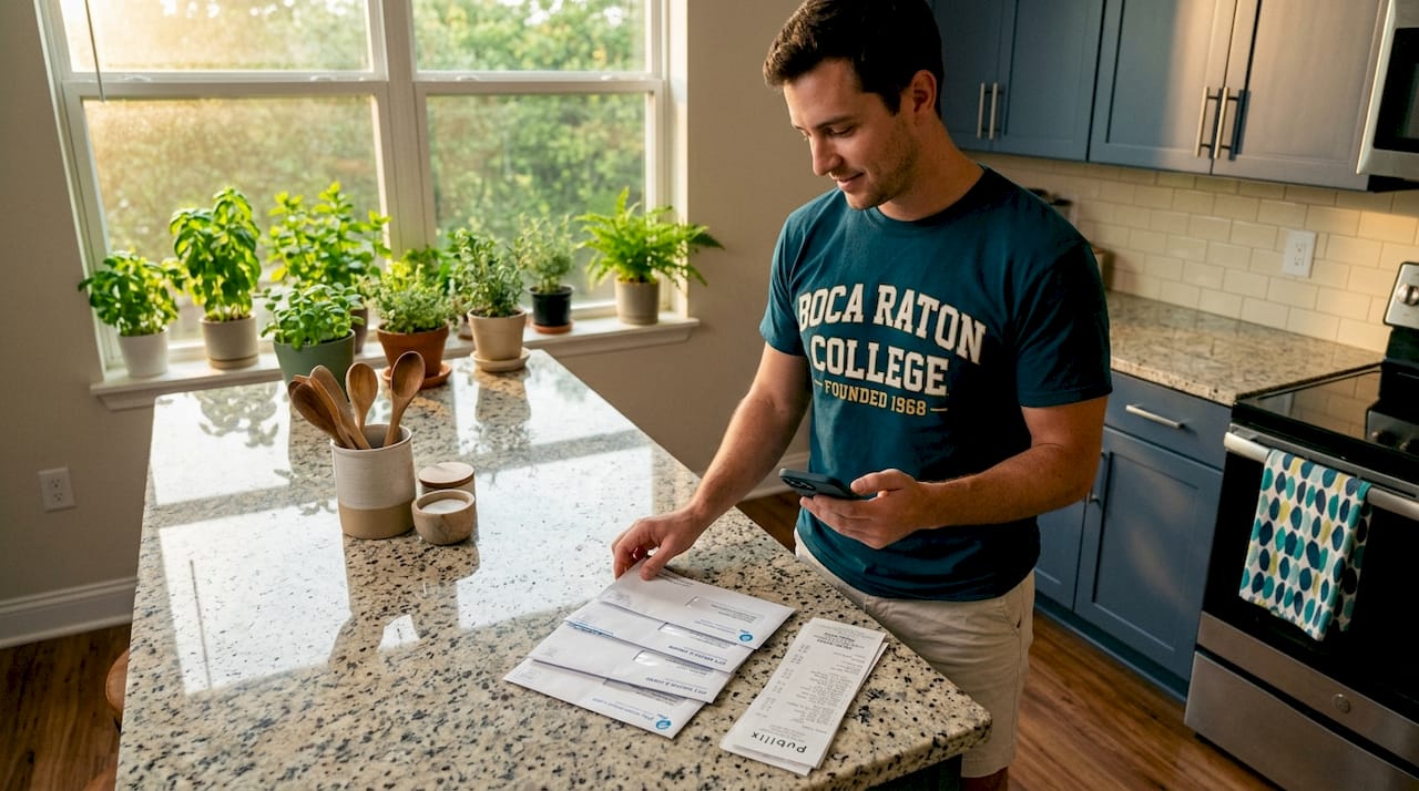 Man using budgeting app in kitchen