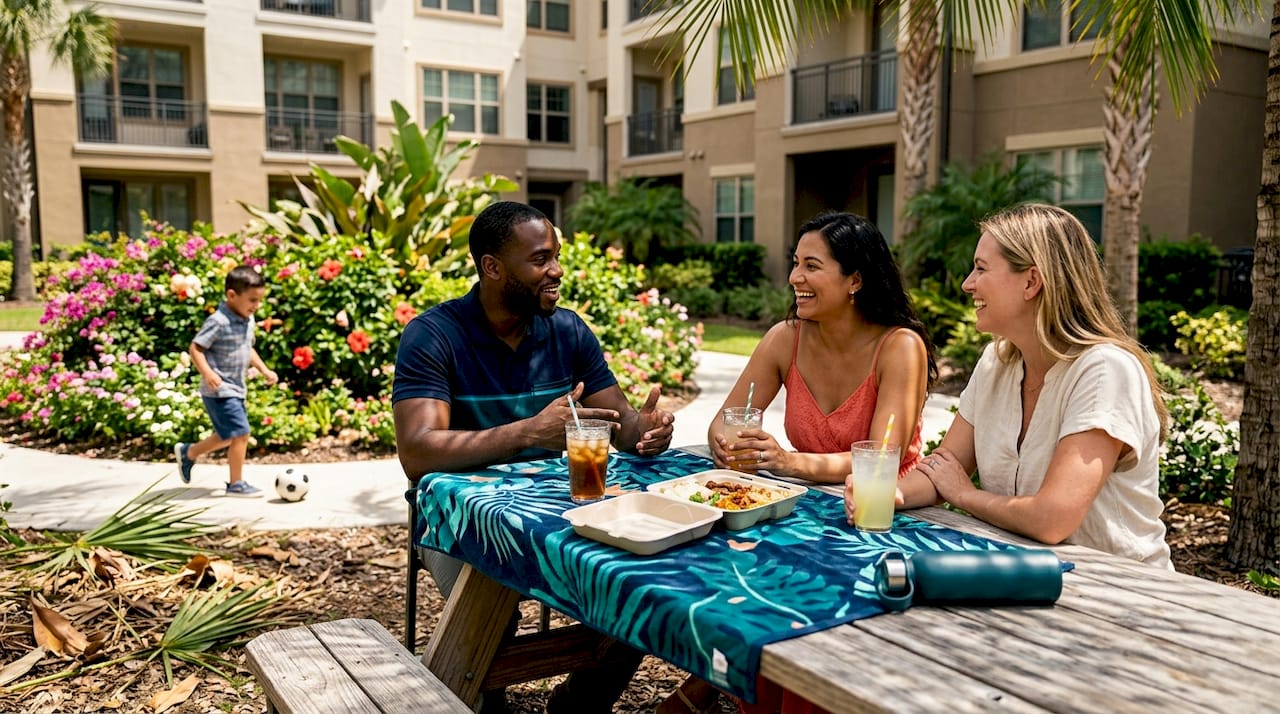 Residents socializing in apartment courtyard