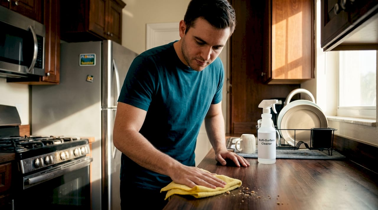 Tenant cleaning kitchen countertop in apartment