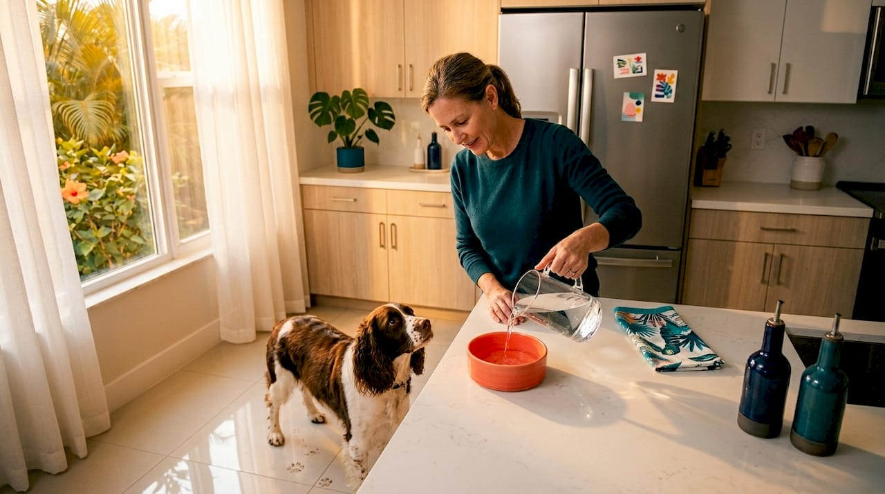 Dog and owner in kitchen with textured tile flooring