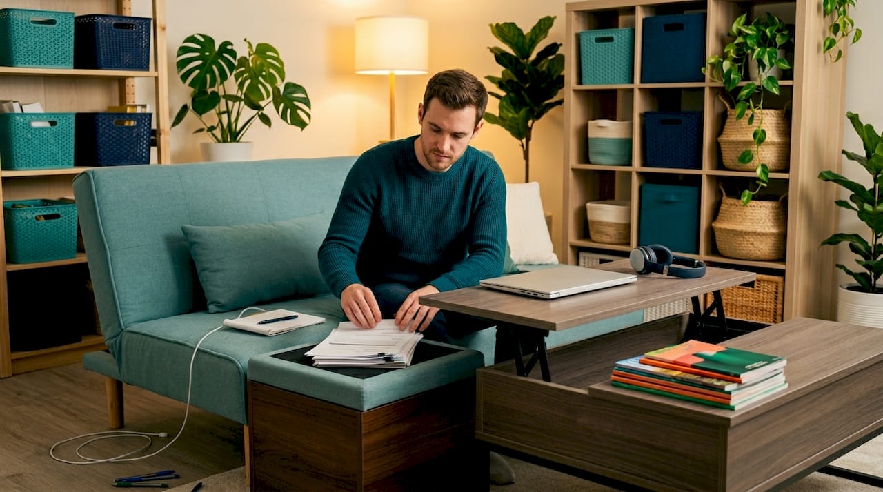Work-From-Home Apartment Ideas That Actually Work 1 Man using multifunctional furniture for workspace