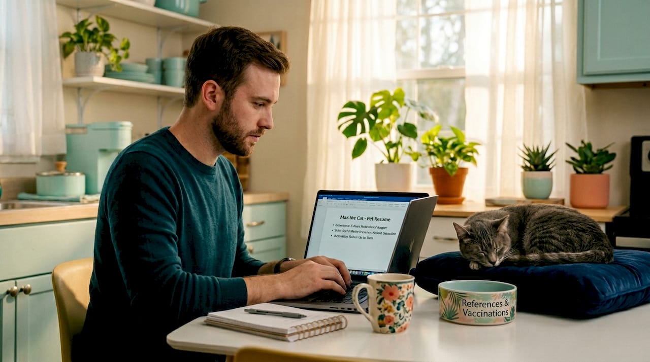 Tips for Finding Cat-Friendly Housing That Works 1 Man preparing pet resume with cat on documents