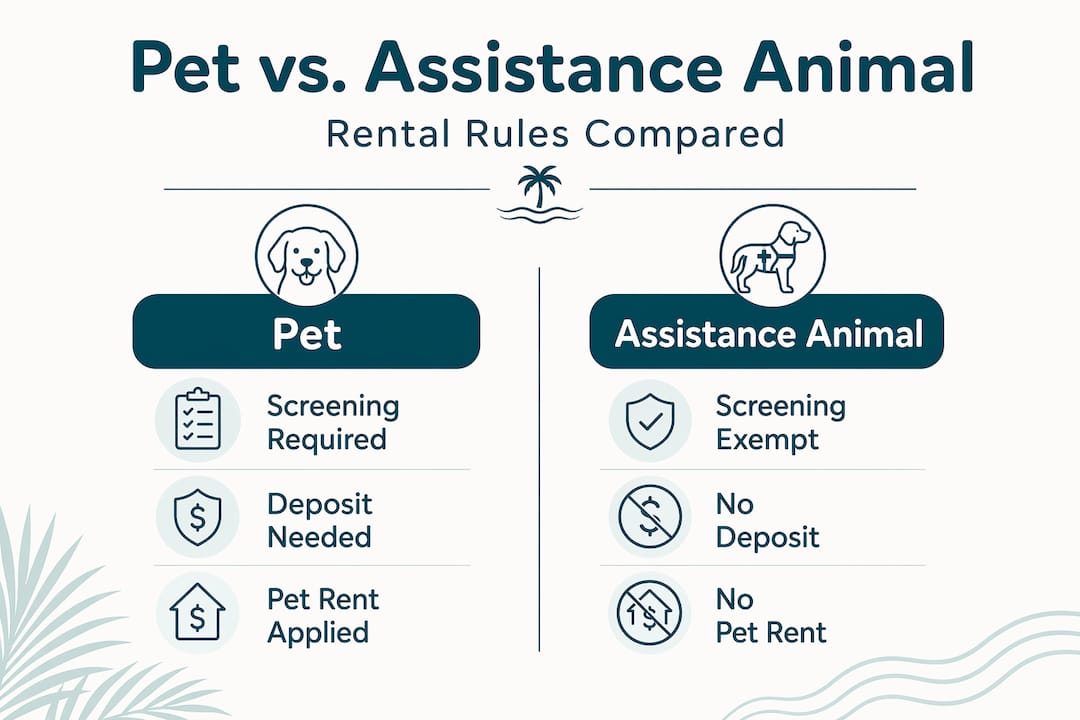Pet Screening in Rentals: What Every Pet Owner Must Know 2 Infographic comparing pet and assistance animal rules