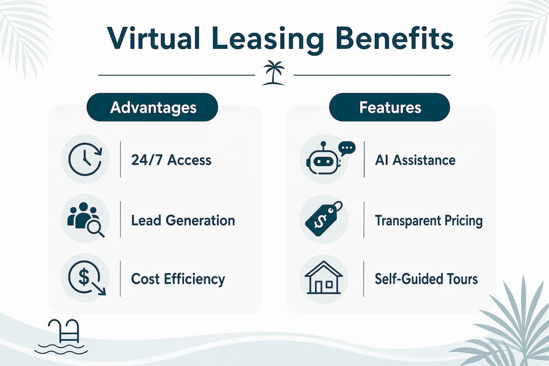 Why Virtual Leasing in 2025 Matters for Real Estate Pros 2 Infographic comparing benefits and features of virtual leasing