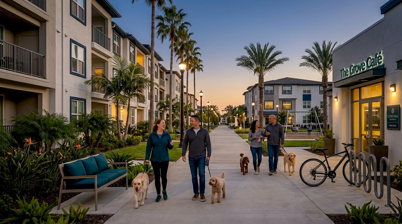 The Role of Walkability in Renting: What Renters Need to Know 1 Residents enjoying walkable neighborhood street in evening