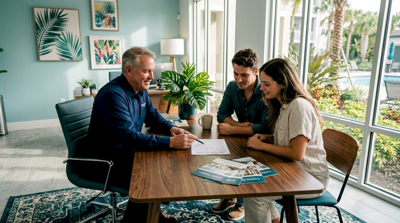 What Is Rent Transparency? A Renter's 2026 Guide 1 Landlord explaining rent costs to couple