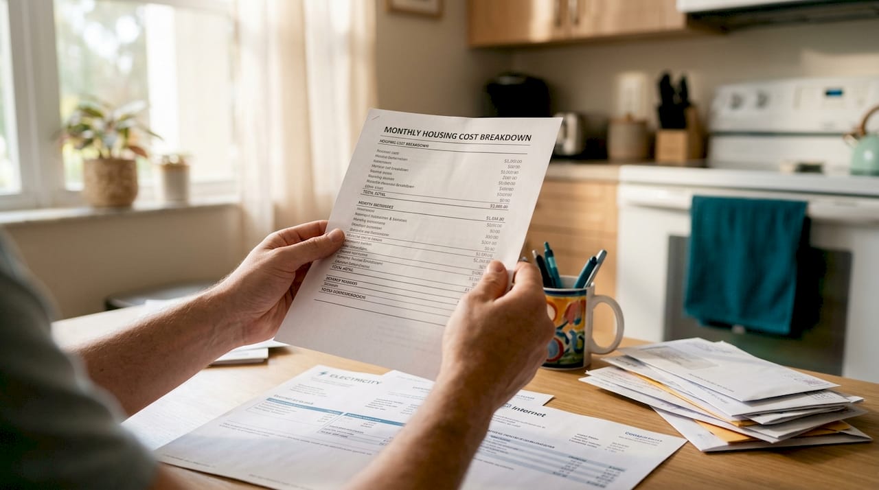 Hands holding housing cost sheet with bills on table