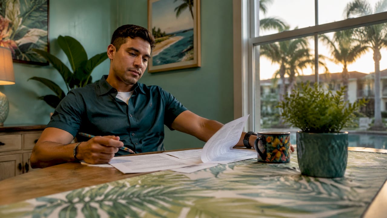 Young man reading lease details in apartment