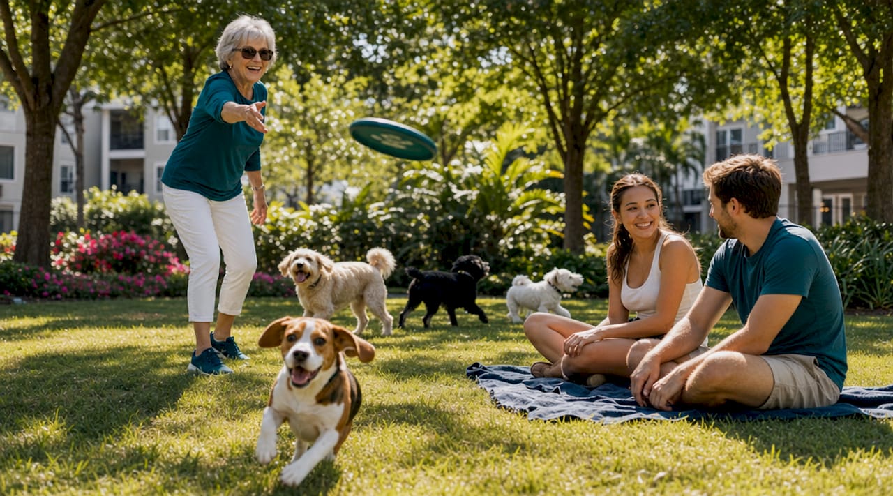 Residents and dogs enjoying apartment courtyard