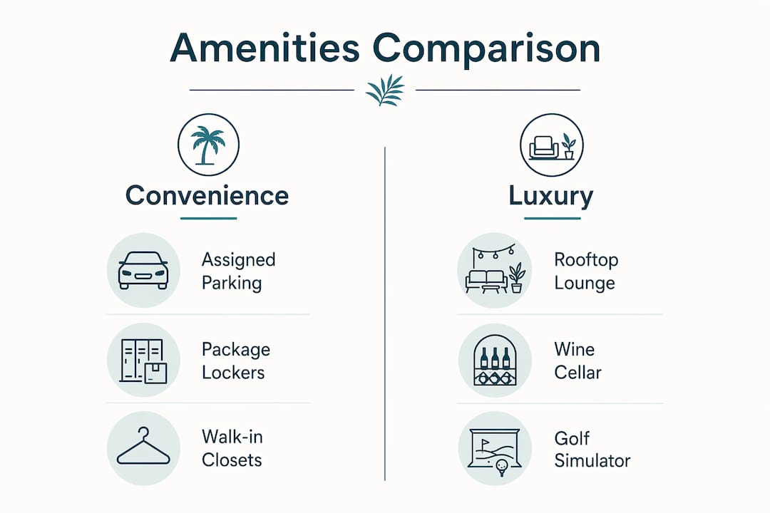 Why Choose Convenience Amenities for Your Apartment 2 Infographic comparing convenience and luxury apartment amenities