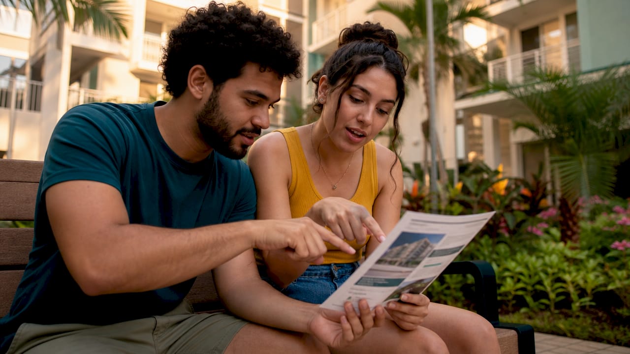 Young tenants checking apartment rent status
