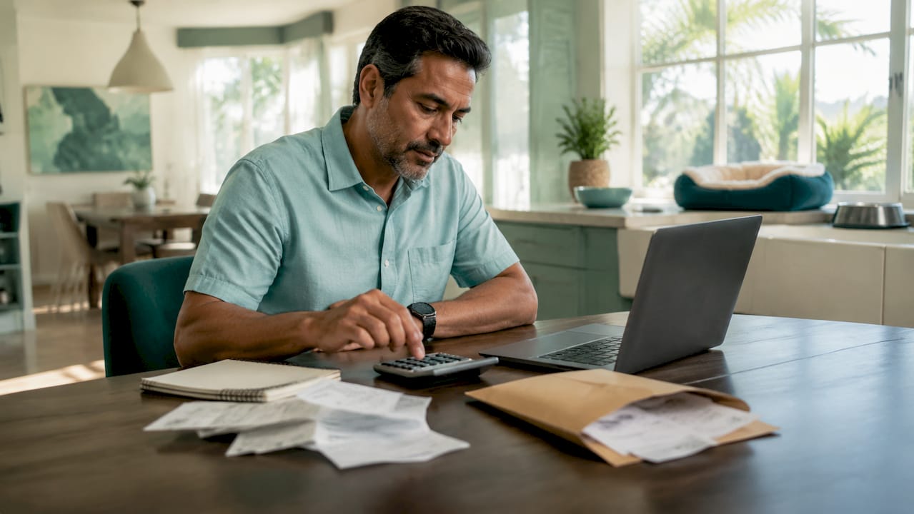 Why Renters Insurance for Pet Owners Matters in 2026 1 Pet owner calculating renters insurance costs at desk