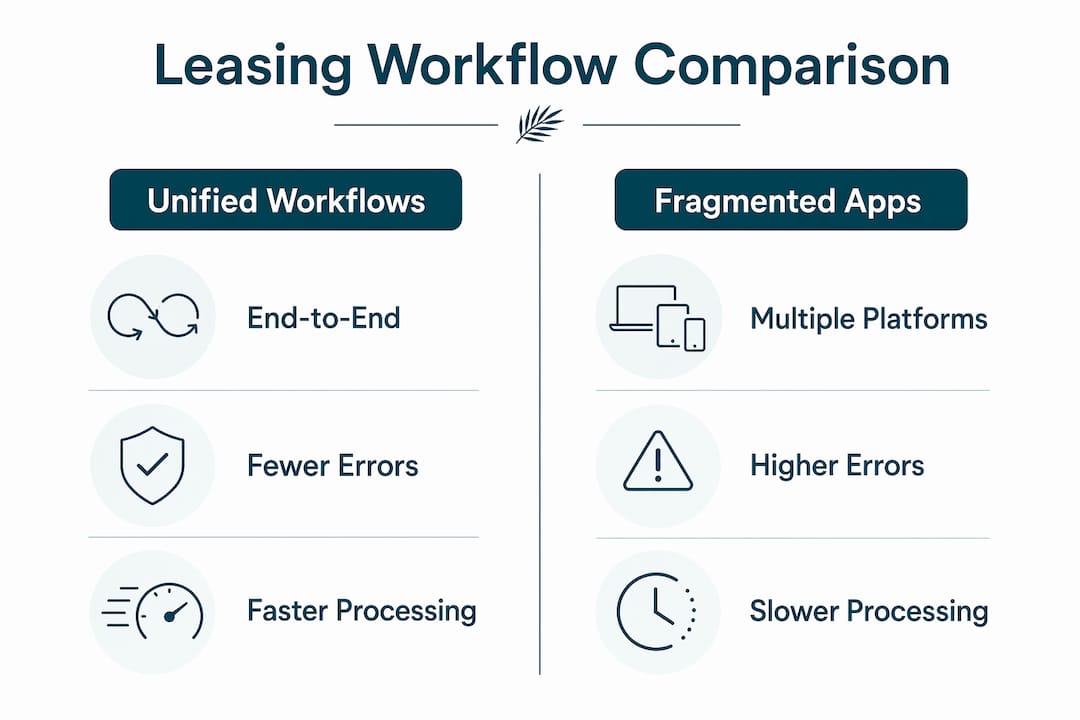Infographic comparing unified vs fragmented leasing workflows