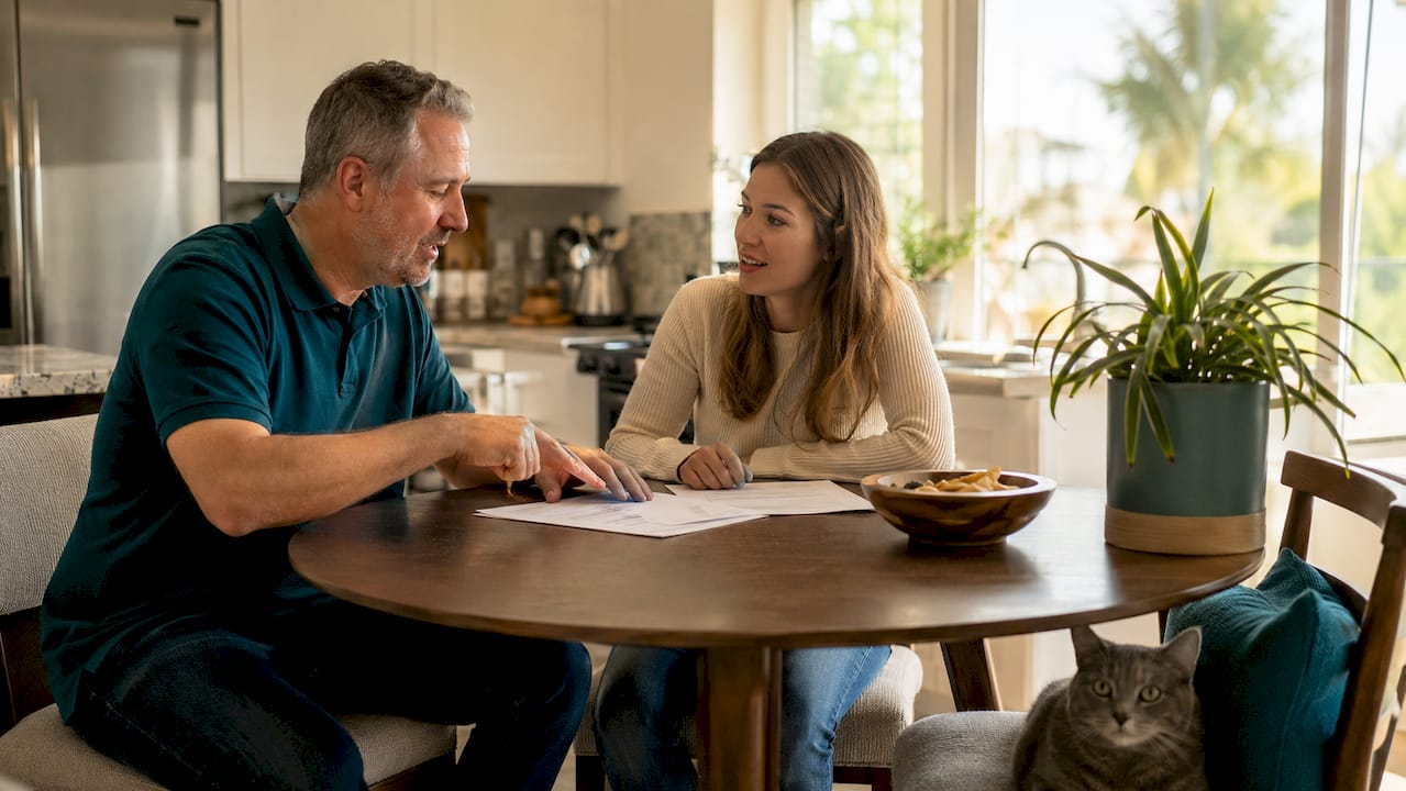 Renter and landlord discussing pet policies with cat