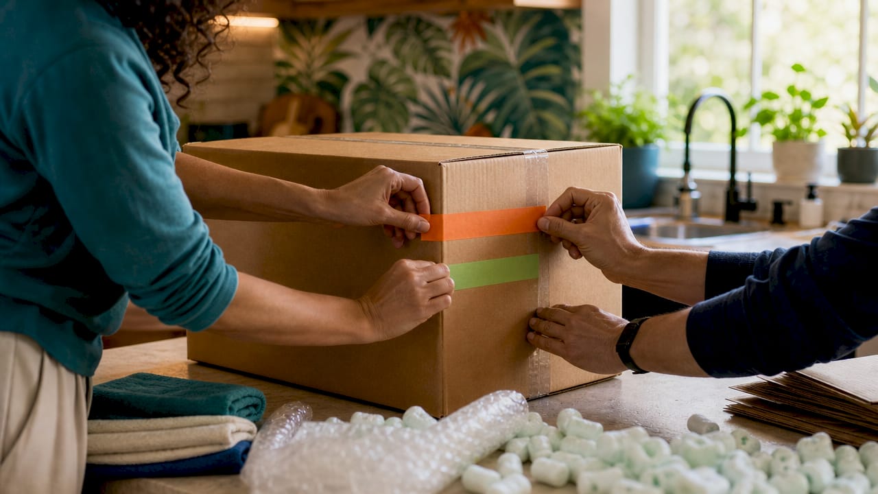 Hands labeling moving boxes with colored tape