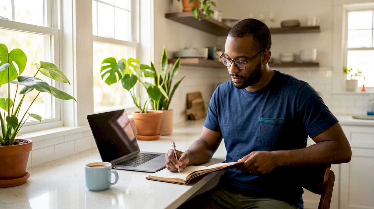 Man writing notes in home armchair with laptop nearby