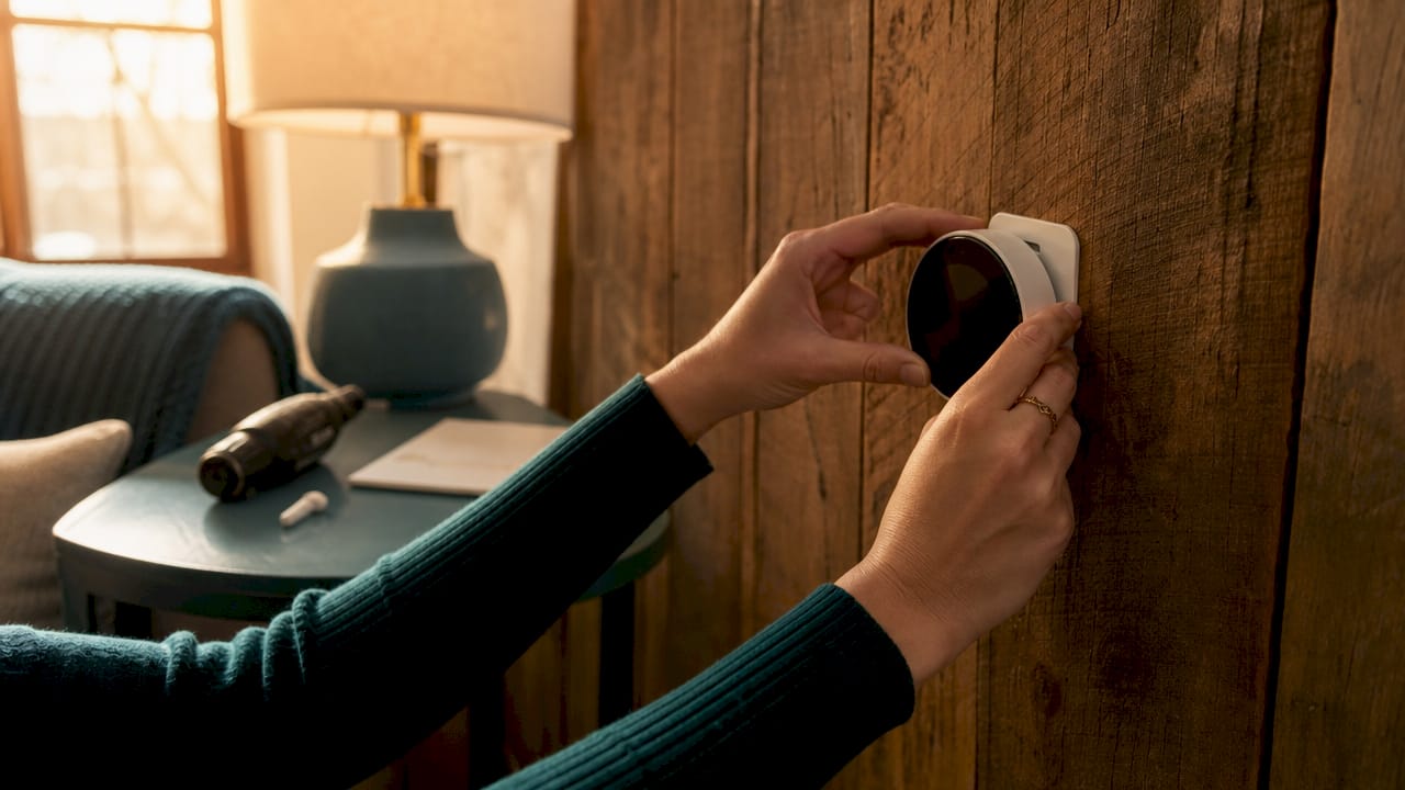 Hands installing renter-friendly smart thermostat