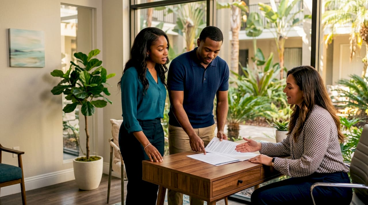 Couple discussing pet addendum with leasing agent