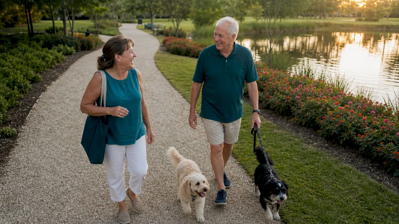 Neighbors chatting while walking dogs in park