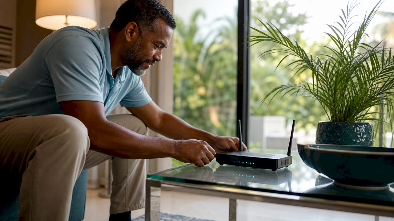 Man configuring Wi-Fi router inside apartment office