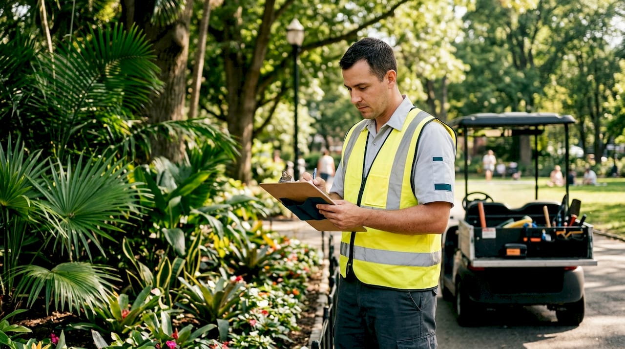Maintenance technician inspecting property courtyard