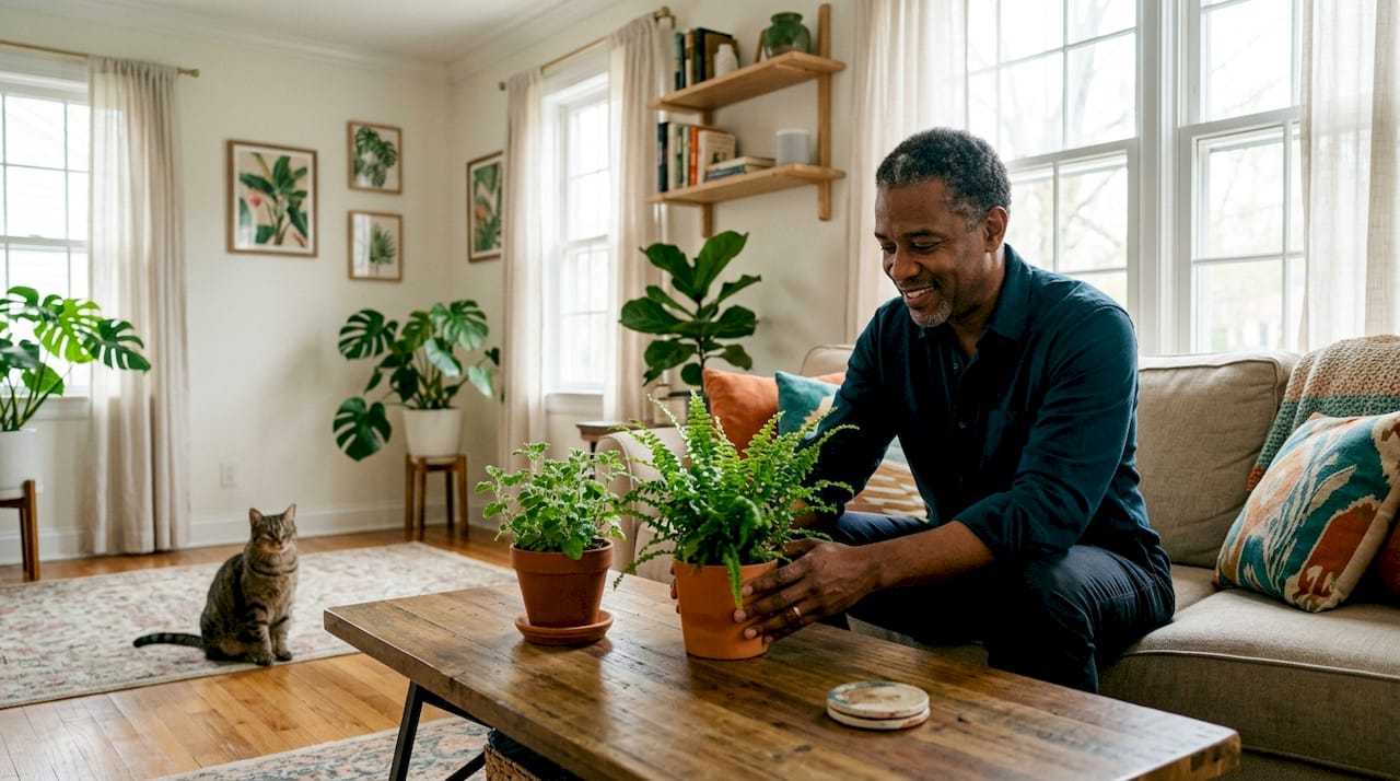 Man arranging cat-safe plants in apartment kitchen
