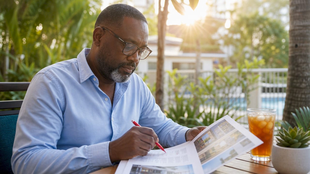 Man reviewing flexible lease brochure in caf&eacute;