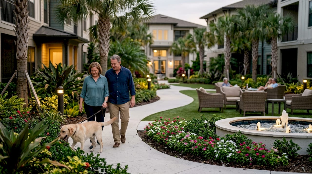 Why Consider Community Pet Policies: A 2026 Guide 1 Couple walking dog in pet-friendly community park