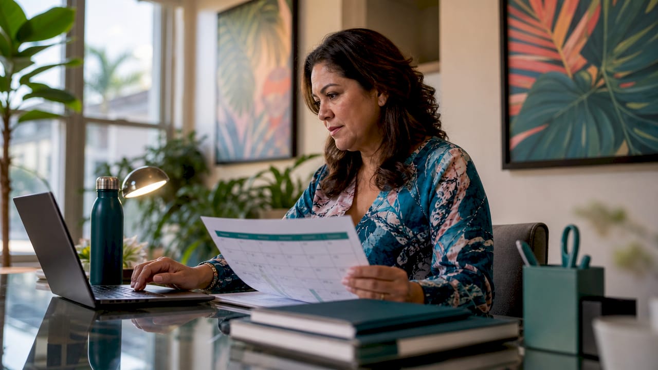 Woman reviewing community event calendar in city office